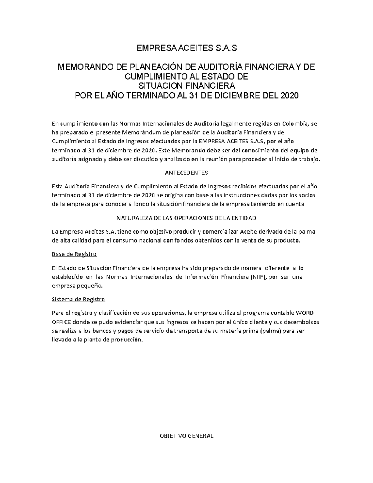 Auditoria Financiera Entrega 3 Empresa Aceites S A Memorando De