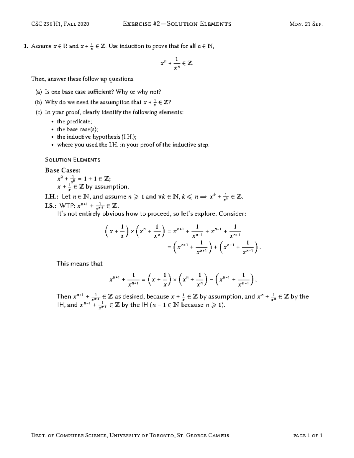 E2 solutions - Exercise 2 - CSC 236 H1, Fall 2020 Exercise #2—Solution ...
