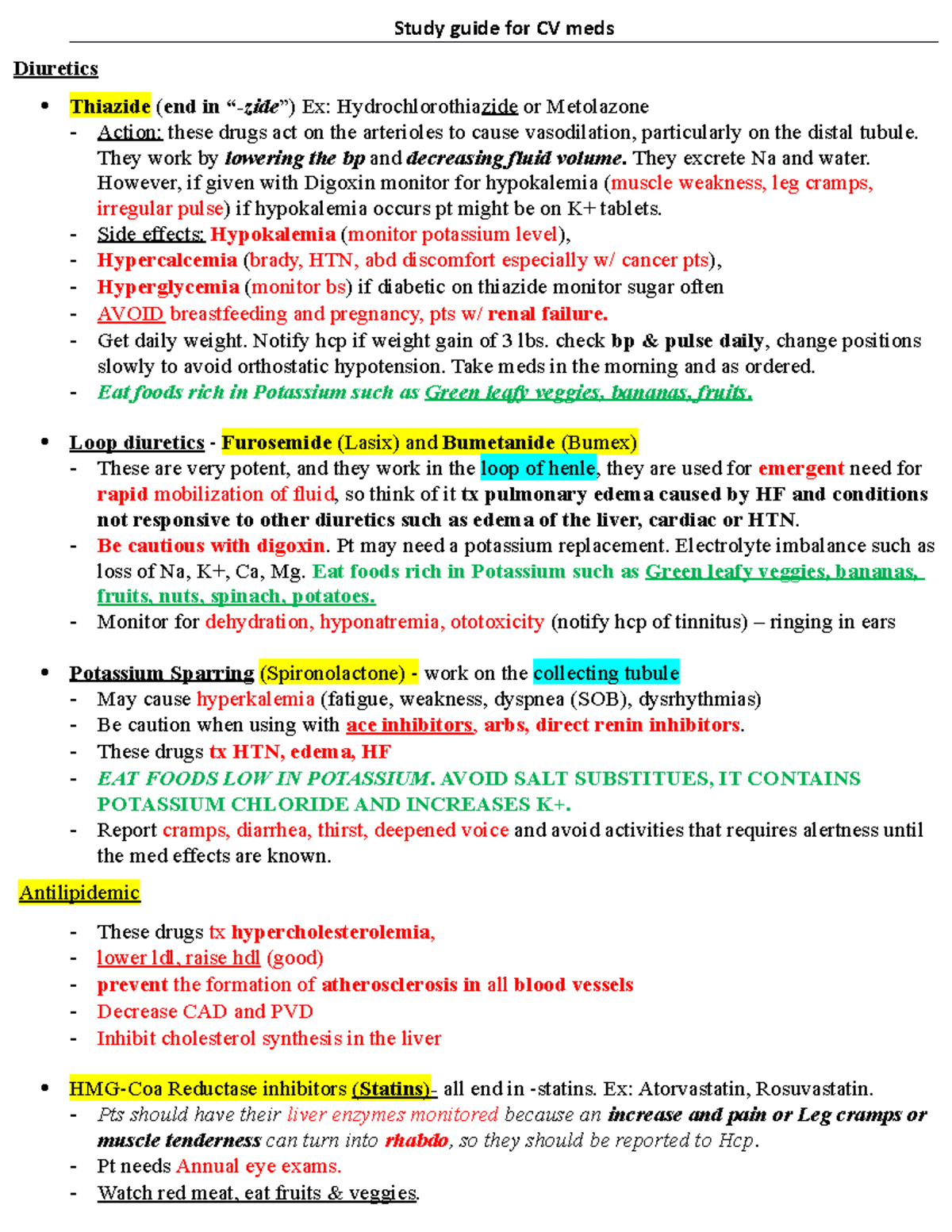 Cardiac study guide - Study guide for CV meds Diuretics Thiazide (end ...