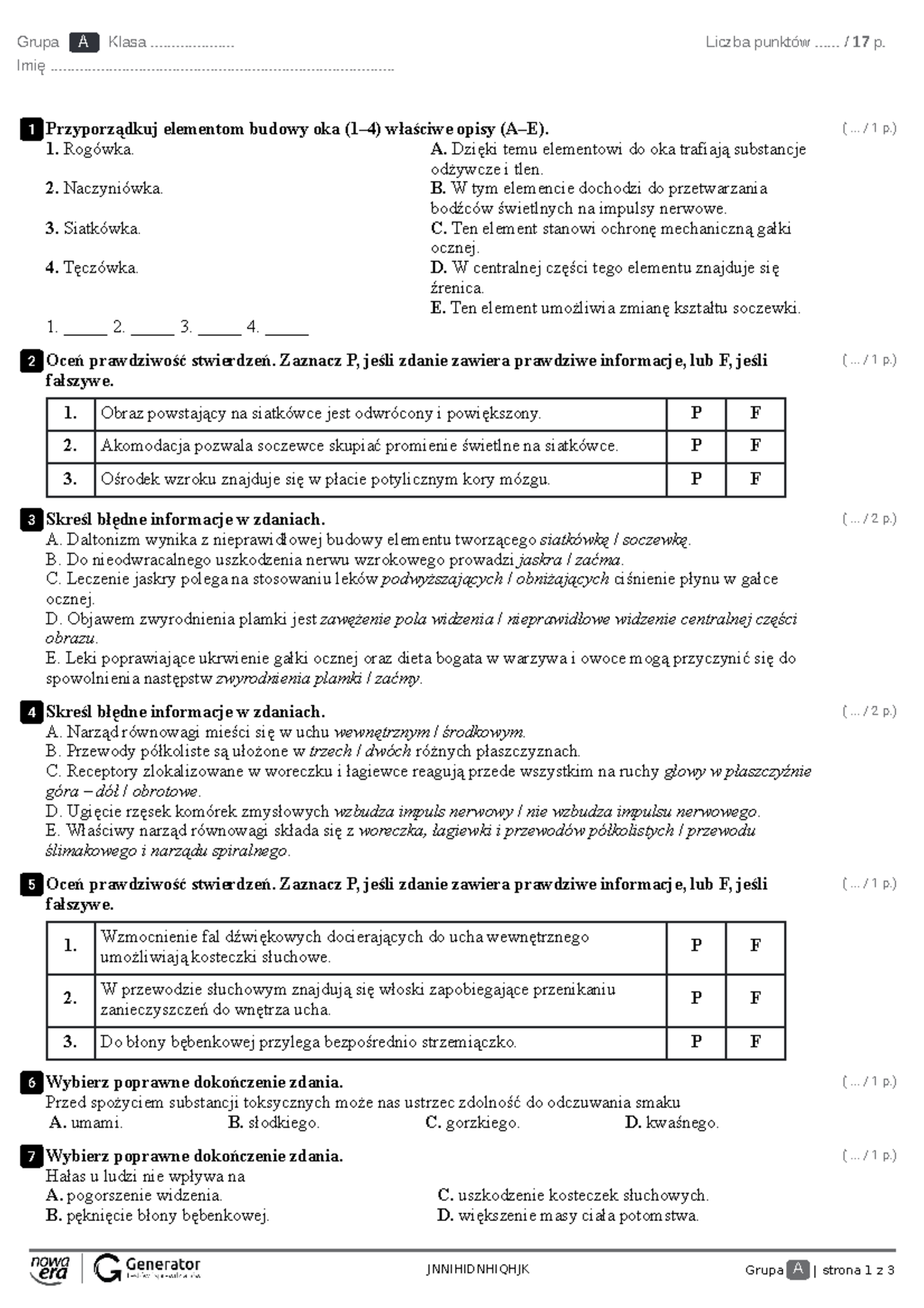 R10. Narządy zmysłów Test (z widoczną punktacją) - JNNIHIDNHIQHJK Grupa