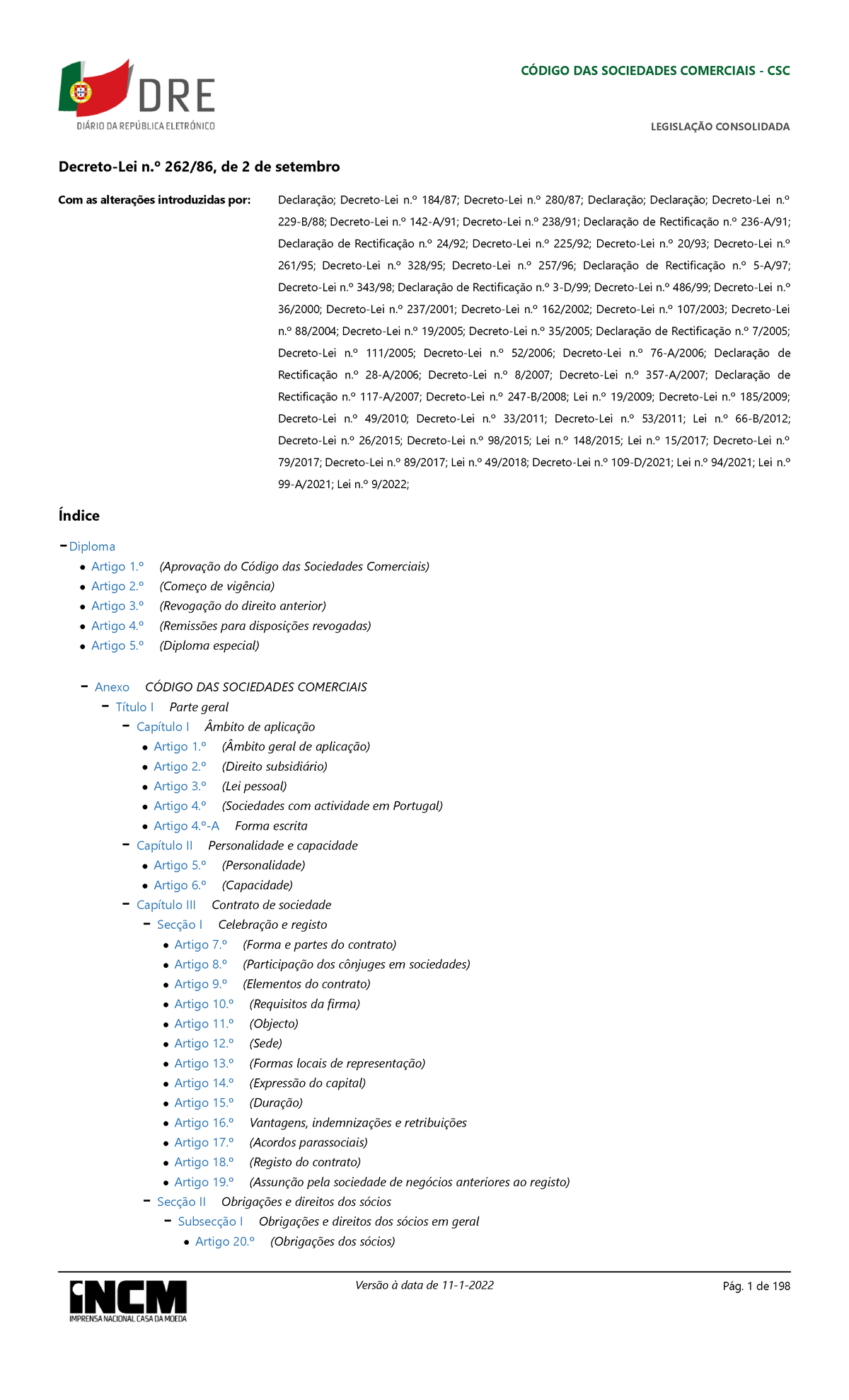 Consolidação DecretoLei n.º 262 86 Diário da República n.º 201 1986