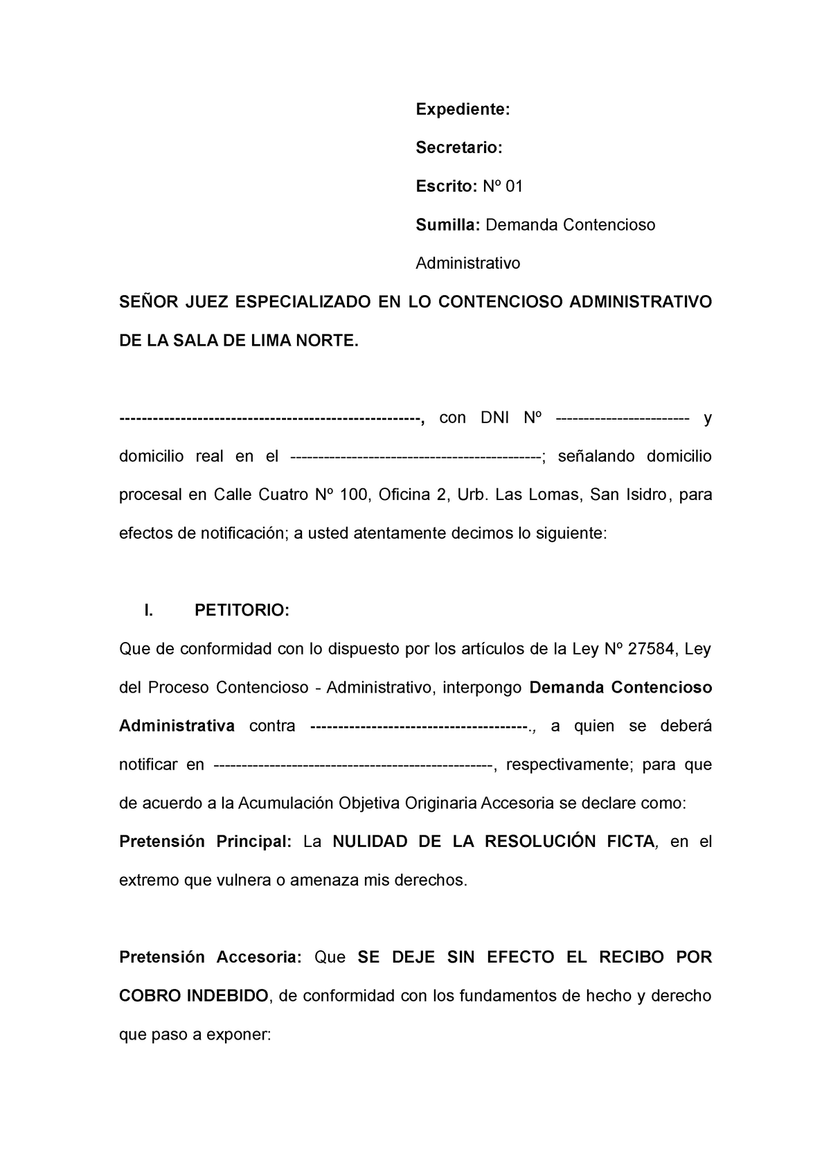 Modelo Demanda-Contencioso-Administrativo-contra-Telefonica-del-Peru -  Expediente: Secretario: - Studocu