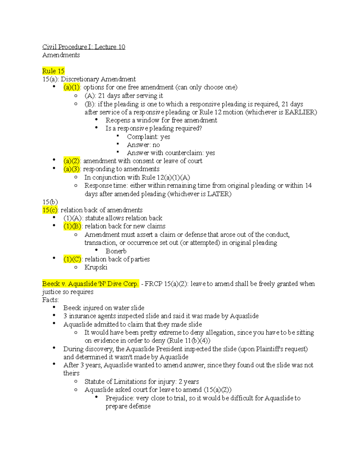 Civil Procedure I Lecture 10 Aquaslide 'N' Dive Corp. FRCP 15(a)(2