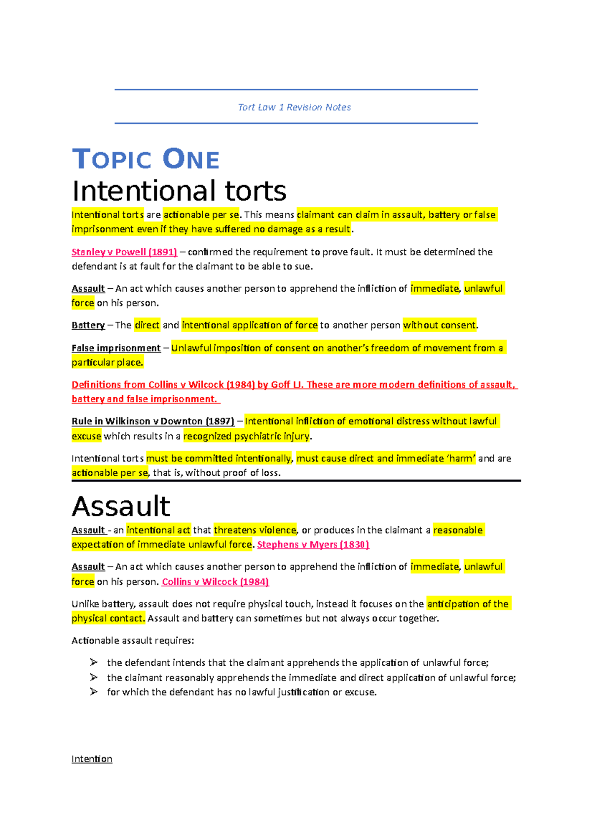 Tort Law 1 Revision Notes - Tort Law 1 Revision Notes TOPIC ONE ...