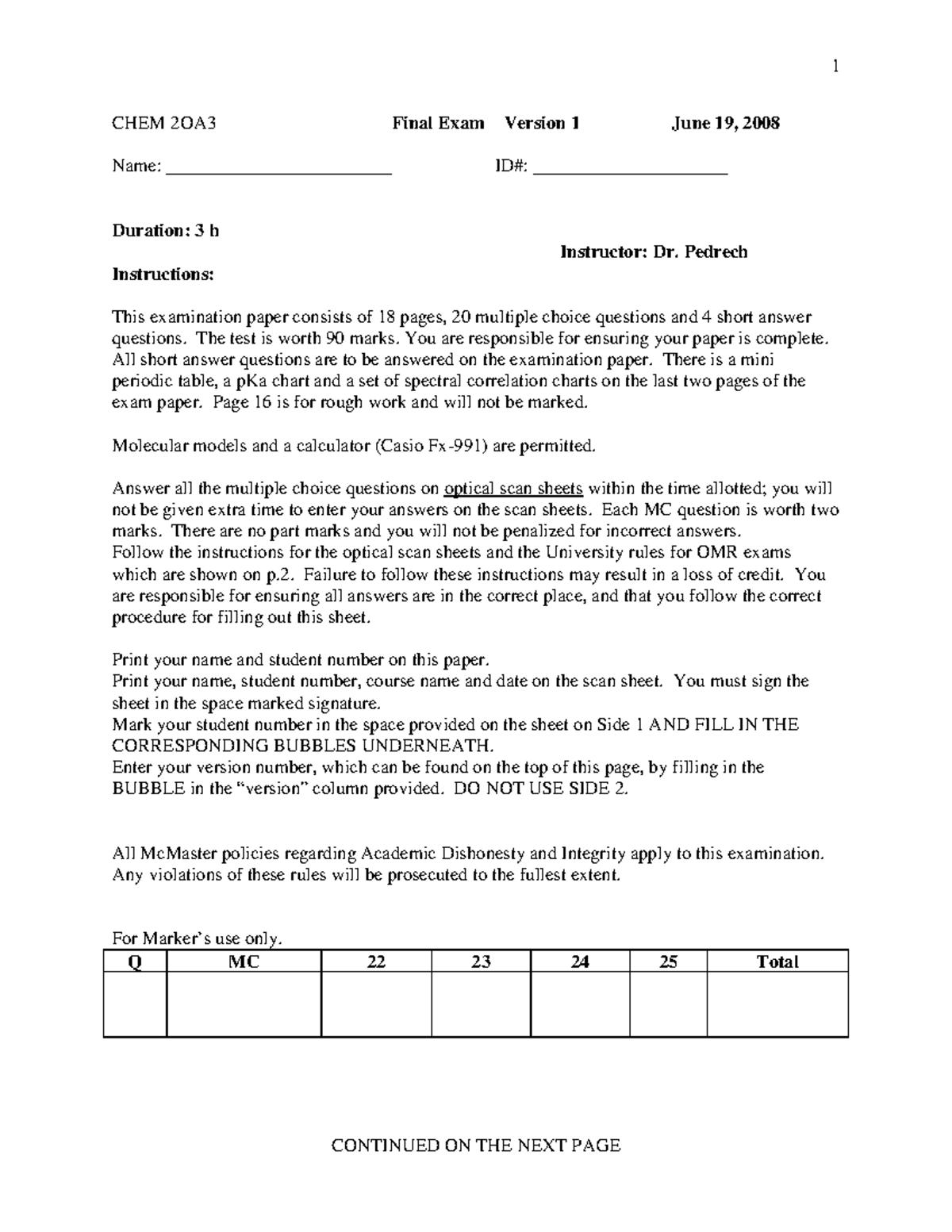 Exam June 19, 2008, questions and answers - CHEM 2OA3 Final Exam ...