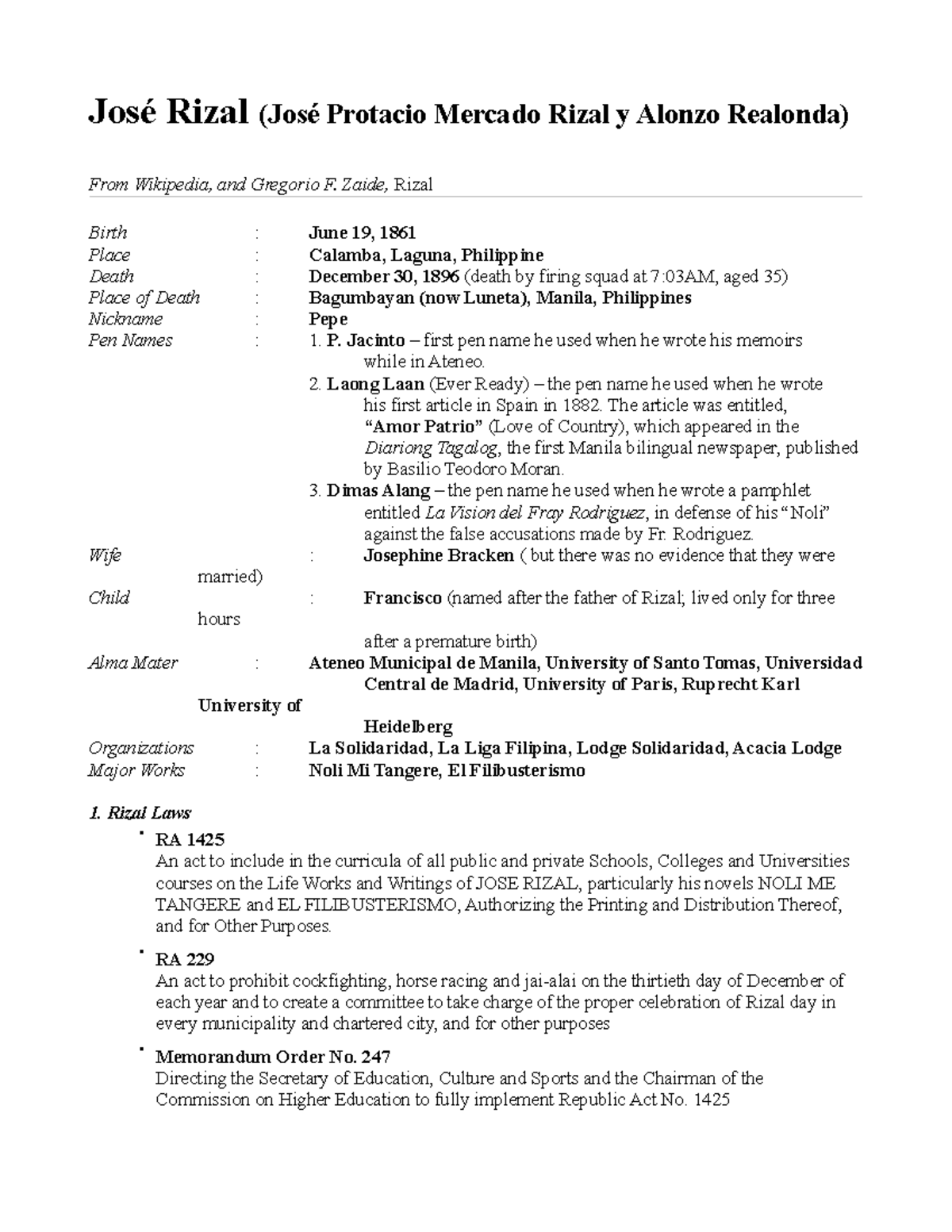 Rizal notes - For studies - José Rizal (José Protacio Mercado Rizal y ...