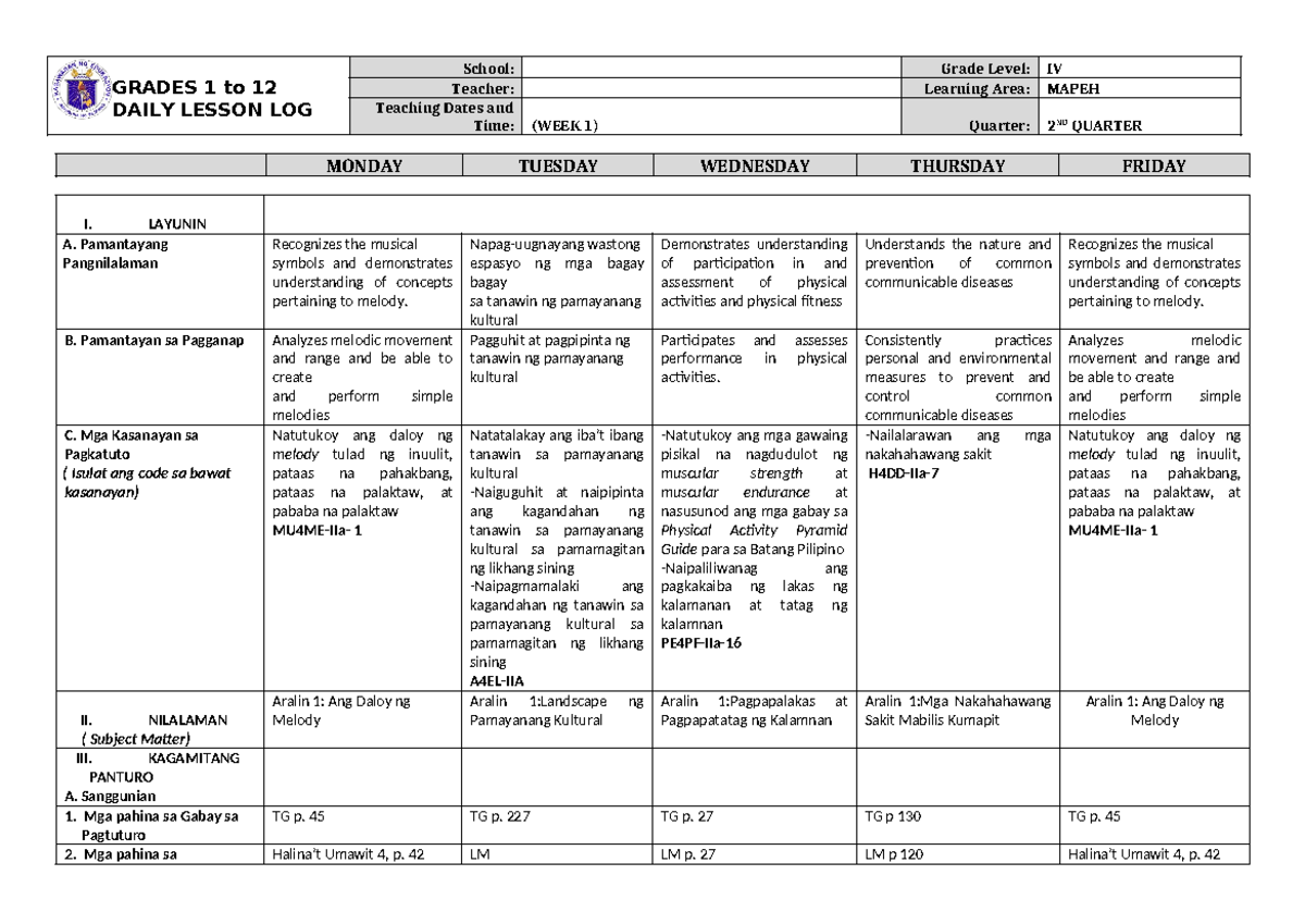 DLL Mapeh 4 Q2 W1 - GRADES 1 to 12 DAILY LESSON LOG School: Grade Level ...