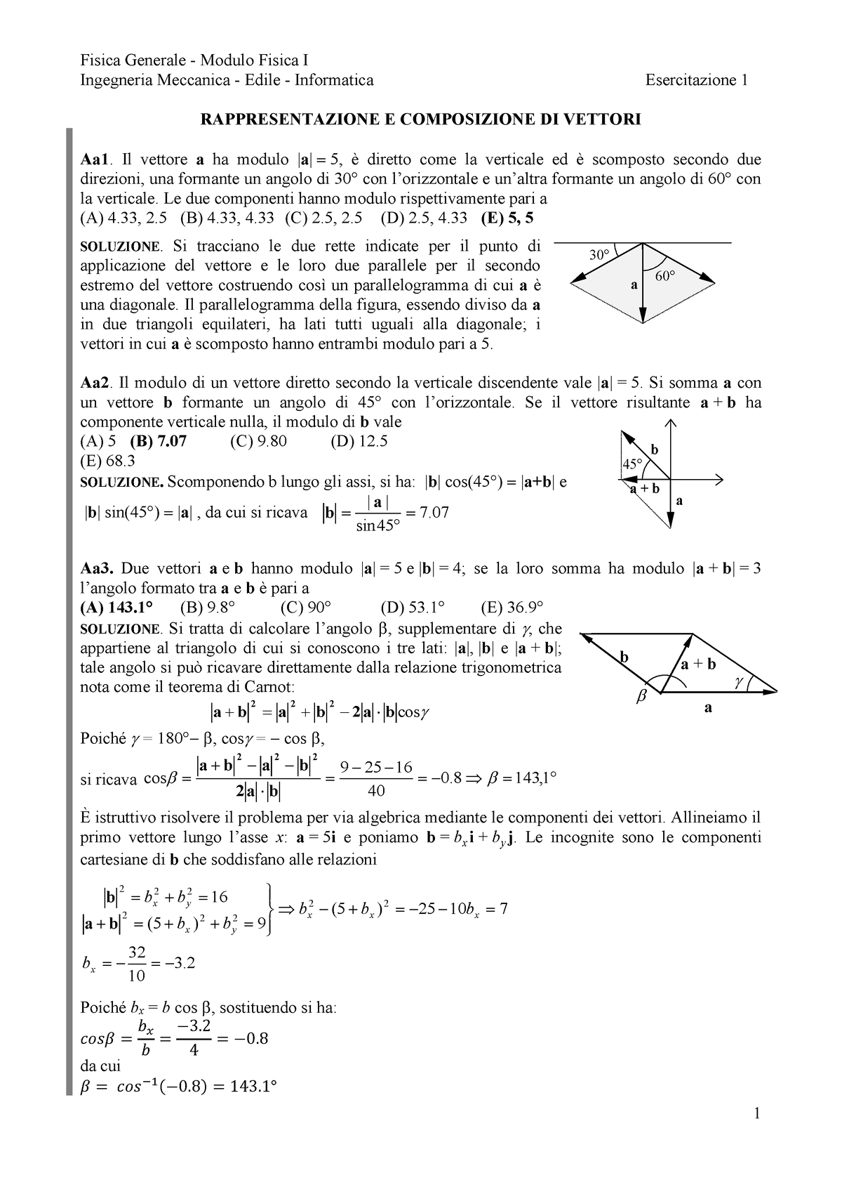 Esercitazione 1 - Esercizi - Fisica Generale Modulo Fisica I Ingegneria ...