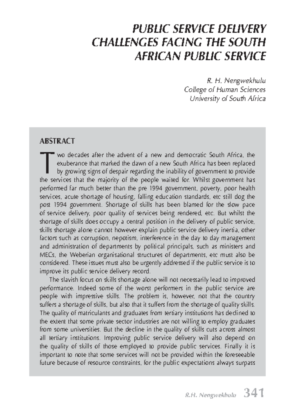 Public Service Delivery Challenges Facing The South African Public