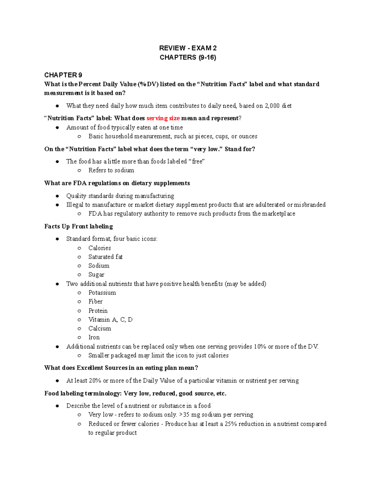 Nutrition Exam 2 Review REVIEW EXAM 2 CHAPTERS (916) CHAPTER 9