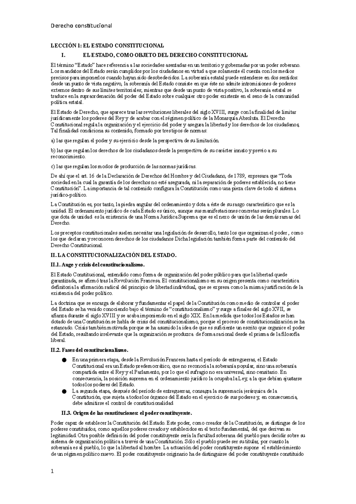 Resumen de toda la asignatura - Derecho constitucional 1: EL ESTADO ...