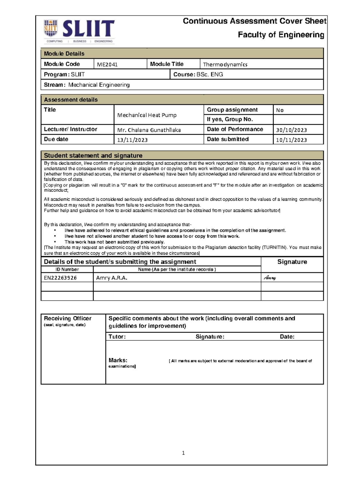 Mechanical heat pump Continuous Assessment Cover Sheet Faculty of