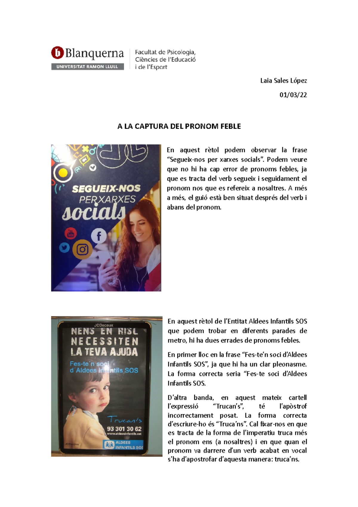 A LA Captura DEL Pronom Feble Laia Sales - Laia Sales López 01/03/ A LA ...