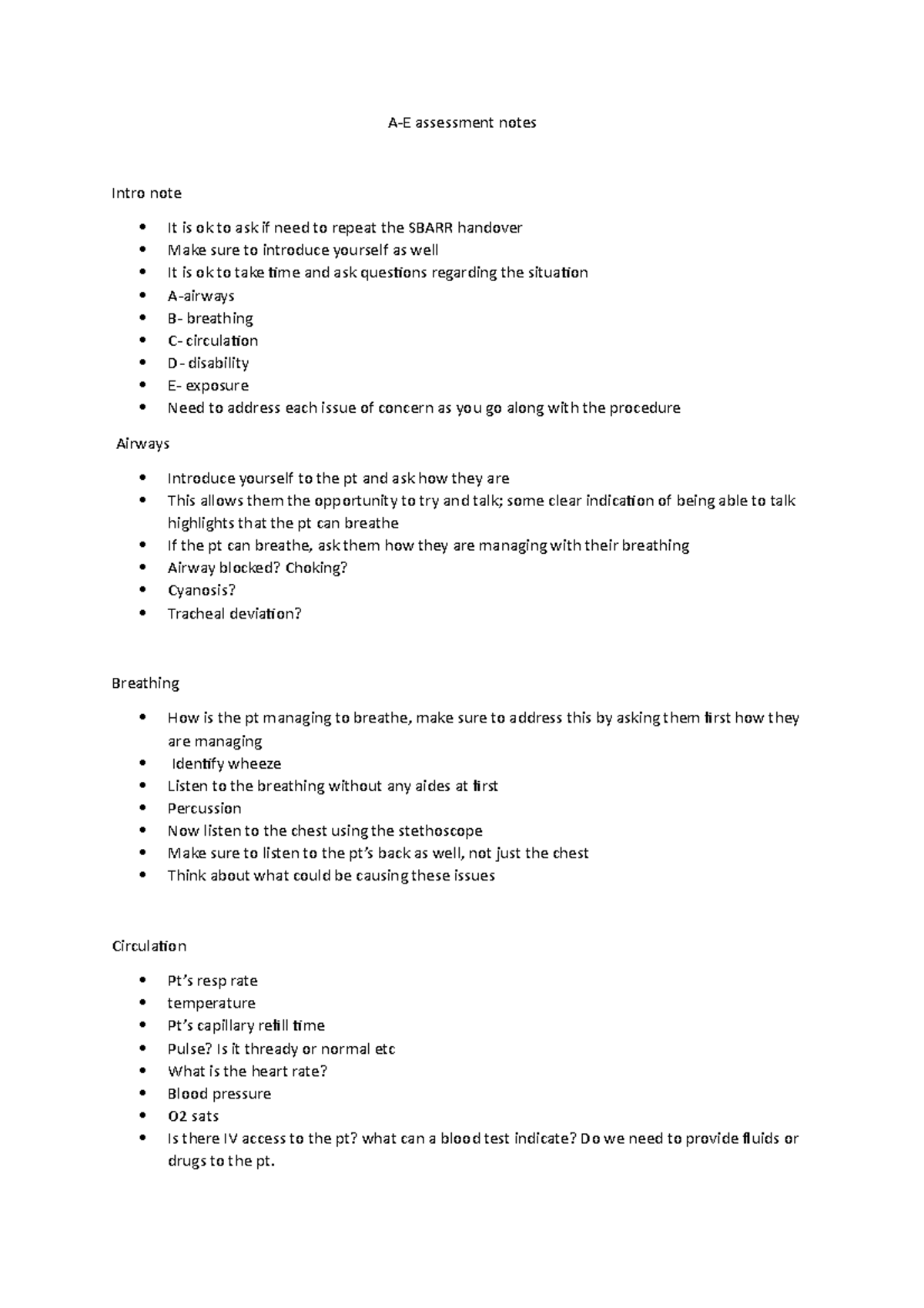 A-E assesment of the pt - Summary of said topic - A-E assessment notes ...