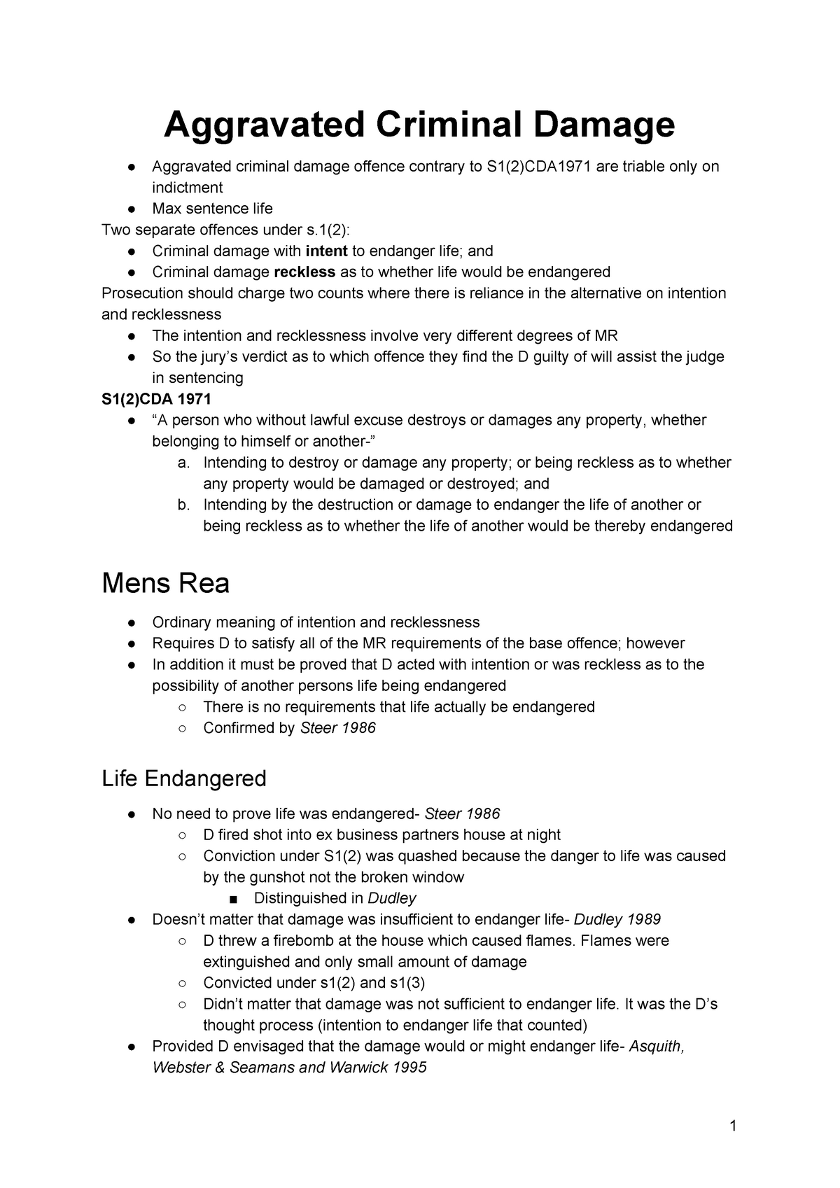 Lecture 2 Criminal law - Aggravated Criminal Damage ○ Aggravated