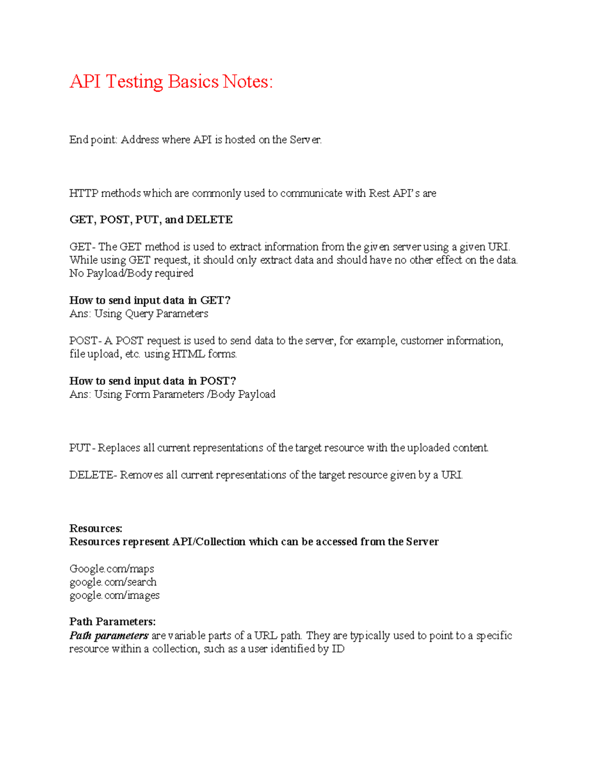 API+Testing+Basics+Notes - API Testing Basics Notes: End point: Address ...