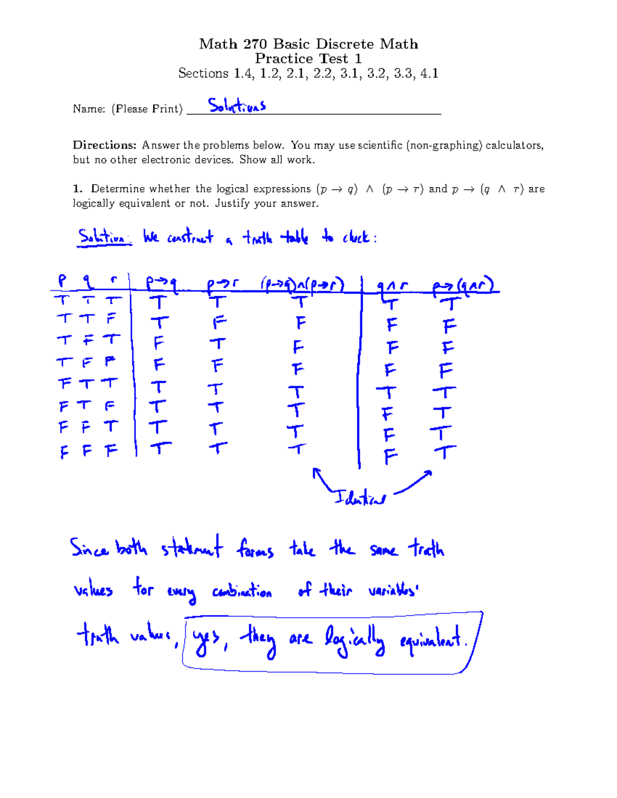 Practice Test 1sols Yes Math 270 Basic Discrete Math Practice Test