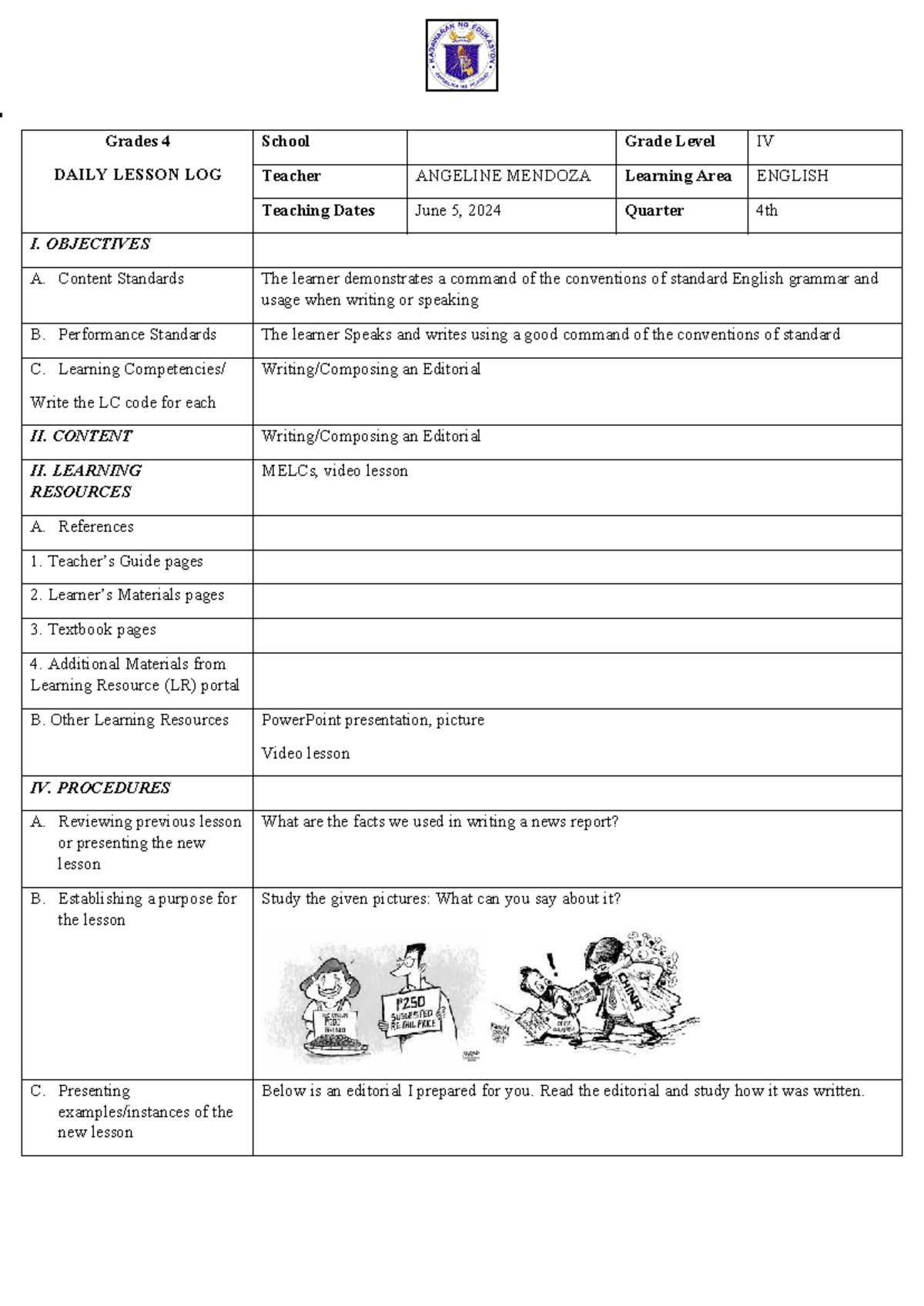 DLL IN English Q4 W7 D1 - Grades 4 DAILY LESSON LOG School Grade Level ...