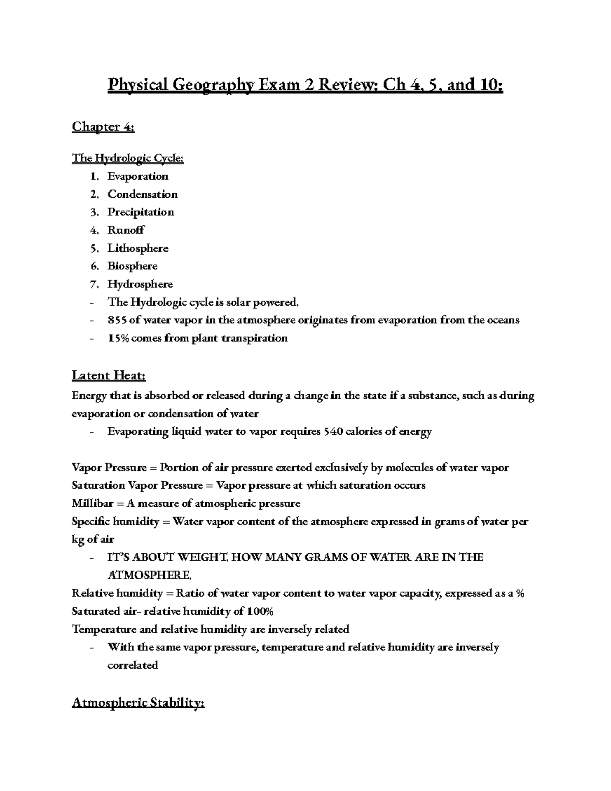 Physical Geography Exam 2 Review Ch 4, 5, and 10 Physical Geography