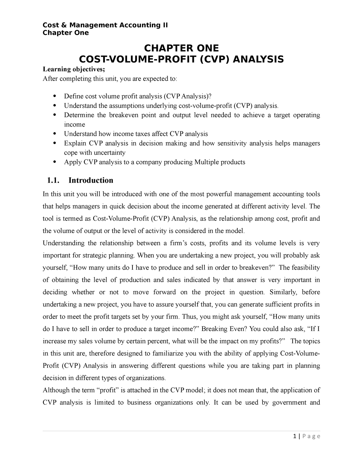 COST II CH 1 - Chapter One CHAPTER ONE COST-VOLUME-PROFIT (CVP ...