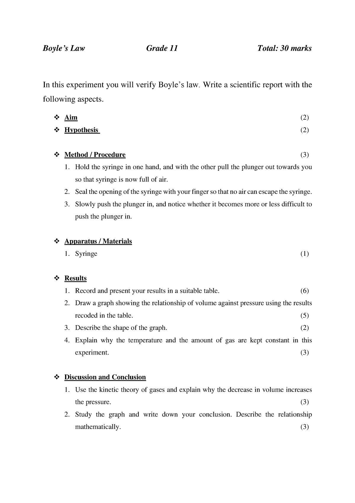 Boyles law experiment - Practical investigation - Boyle’s Law Grade 11 ...