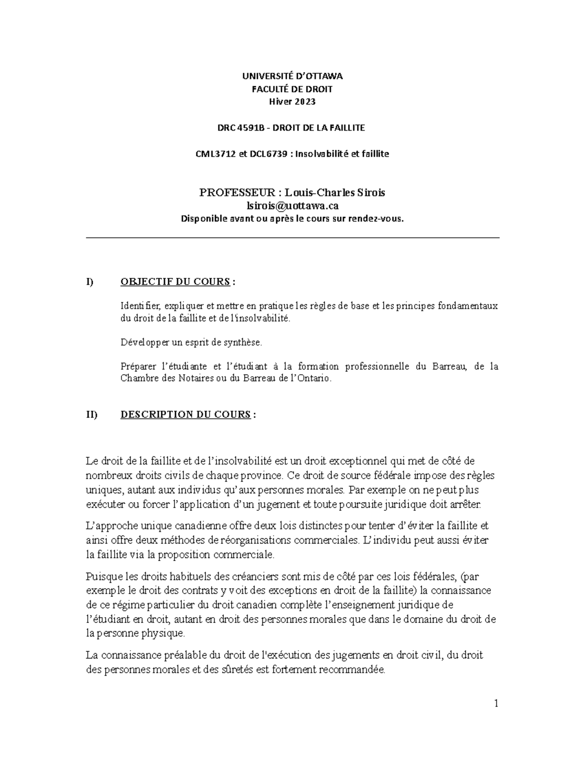 Drc4591 Cml3712 Droit De La Faillite Syllabus Et Plan Hiver 2023 UniversitÉ Dottawa FacultÉ 3247