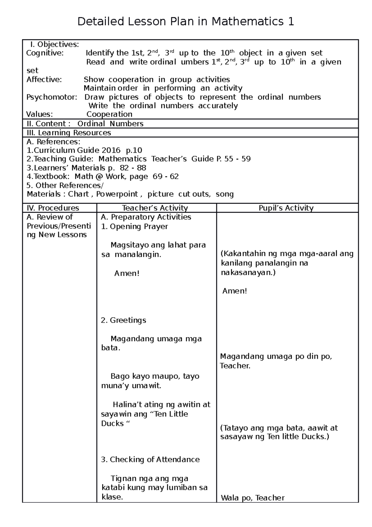 Detailed Lesson Plan Math 1 Detailed Lesson Plan In Mathematics 1 I Objectives Cognitive 8990