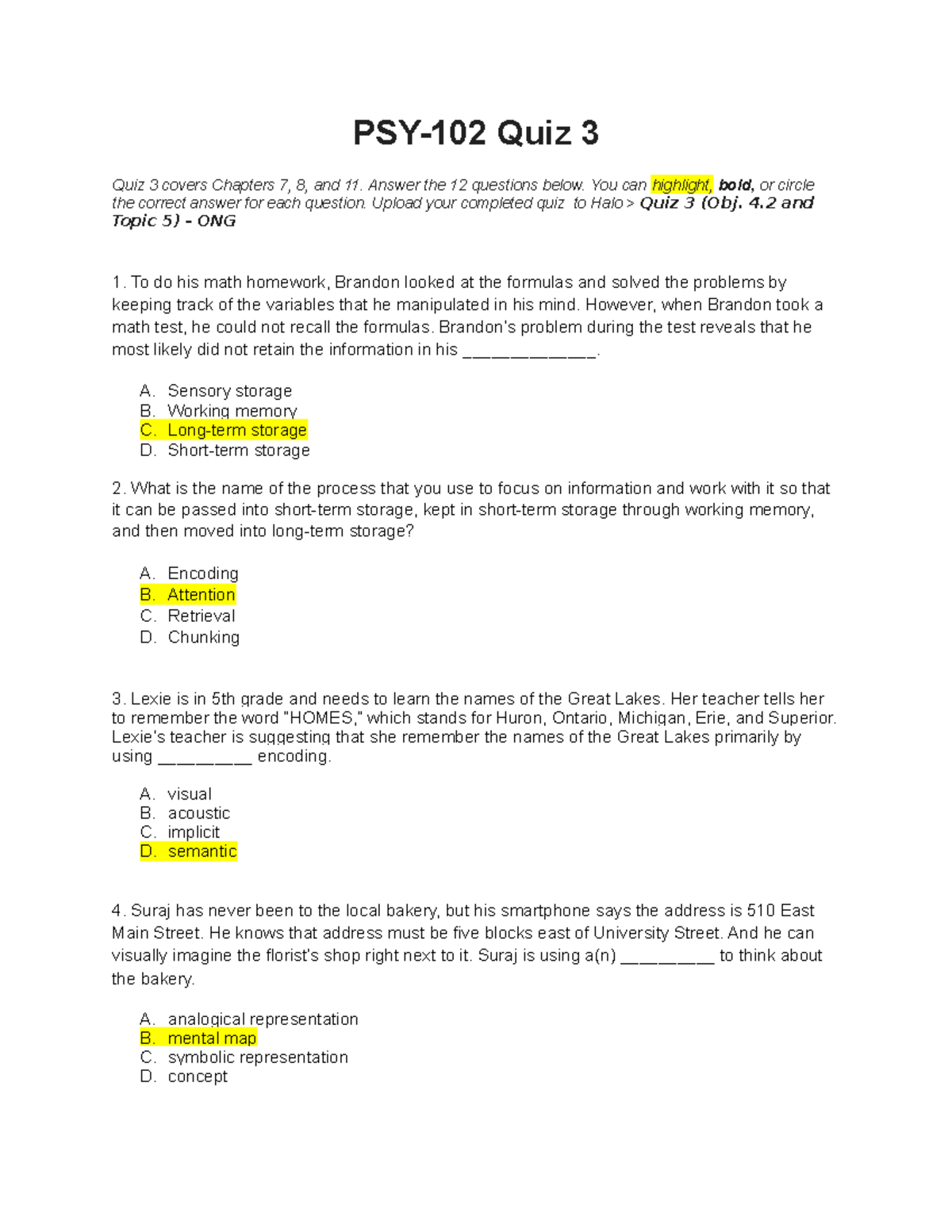 PSY-102 Quiz 3 - Quiz 3 - PSY-102 Quiz 3 Quiz 3 Covers Chapters 7, 8 ...