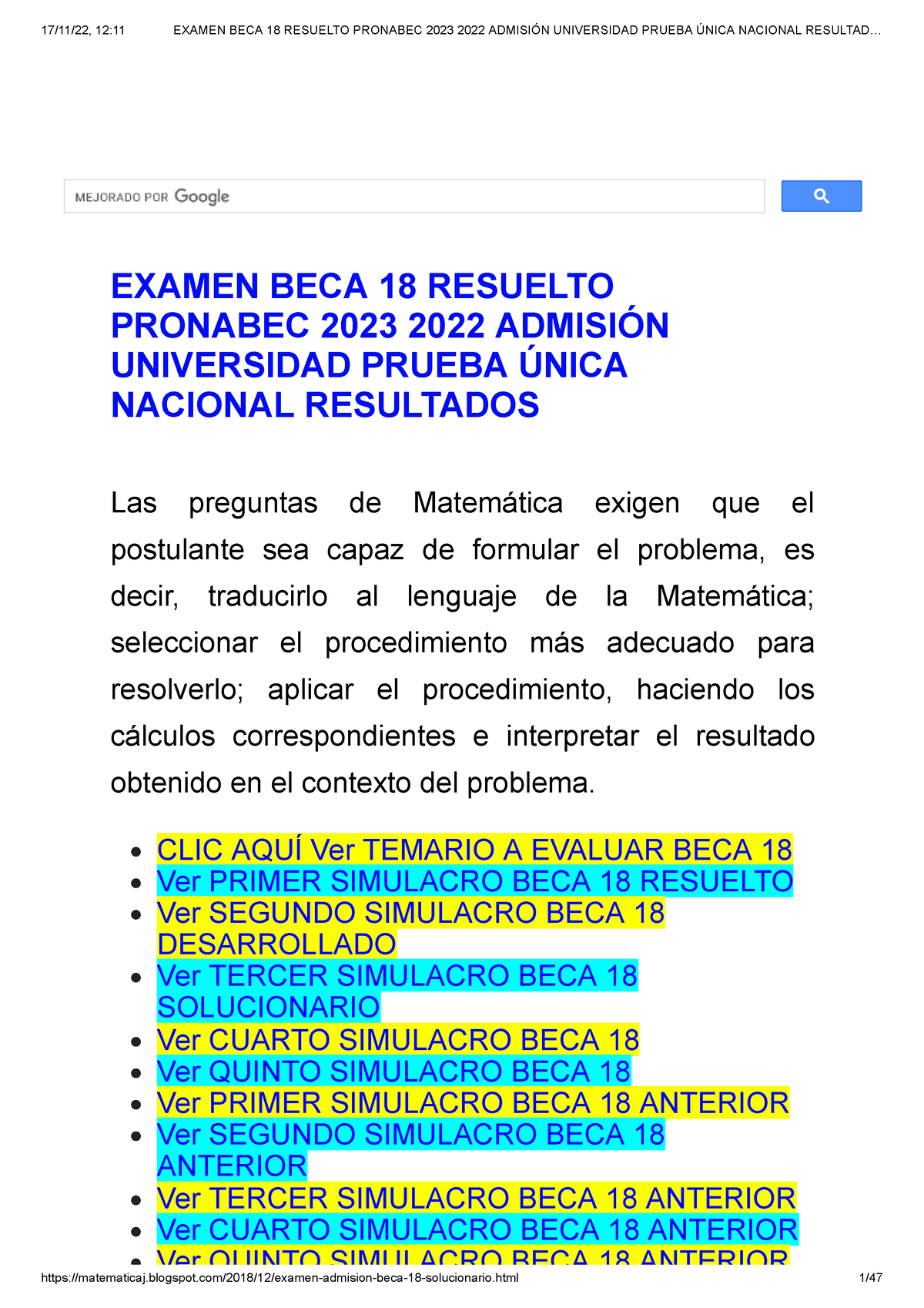 Examen BECA 18 Resuelto Pronabec 2023 2022 Admisión Universidad Prueba