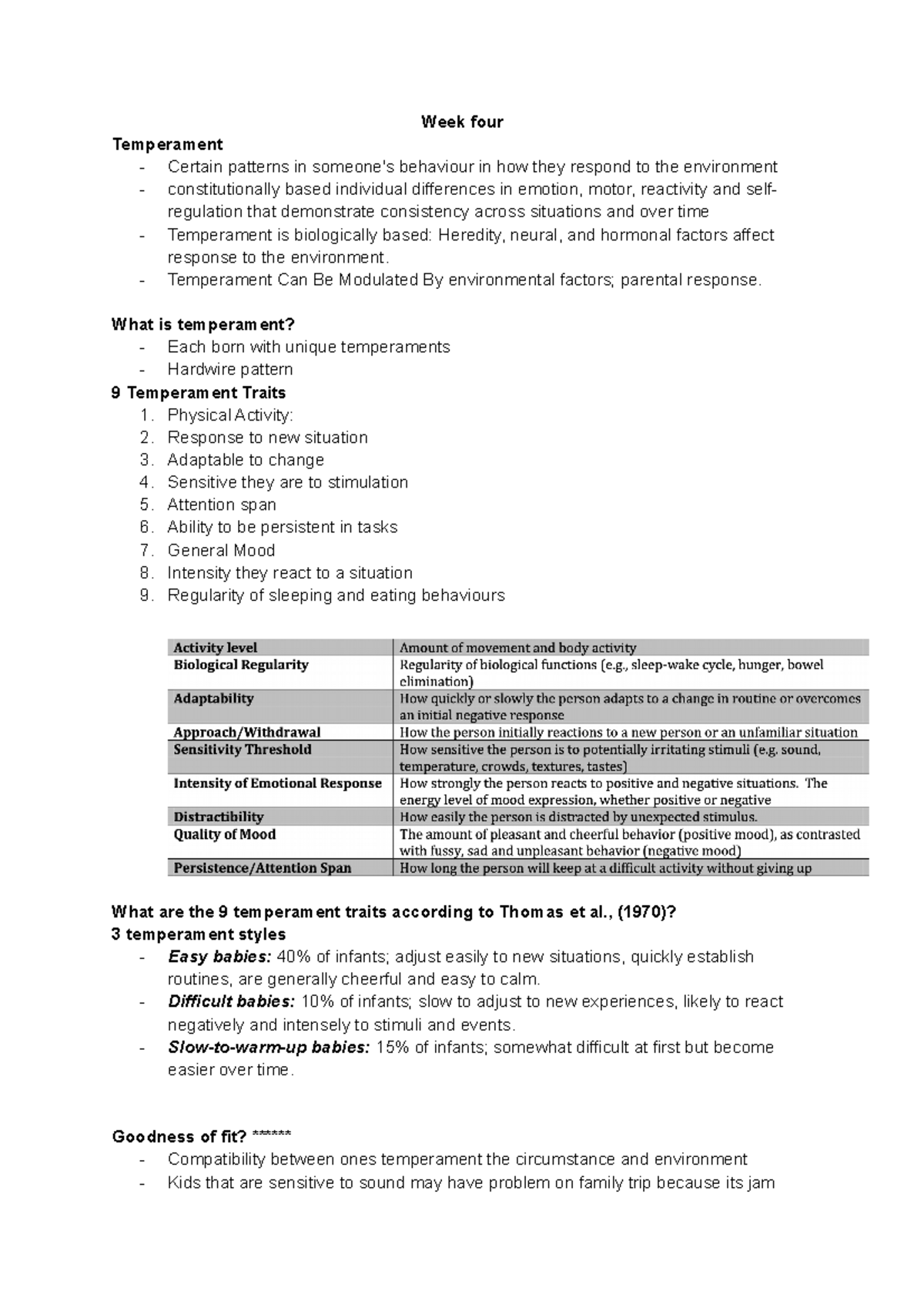 Week four - NOTES - Week four Temperament Certain patterns in someone's ...