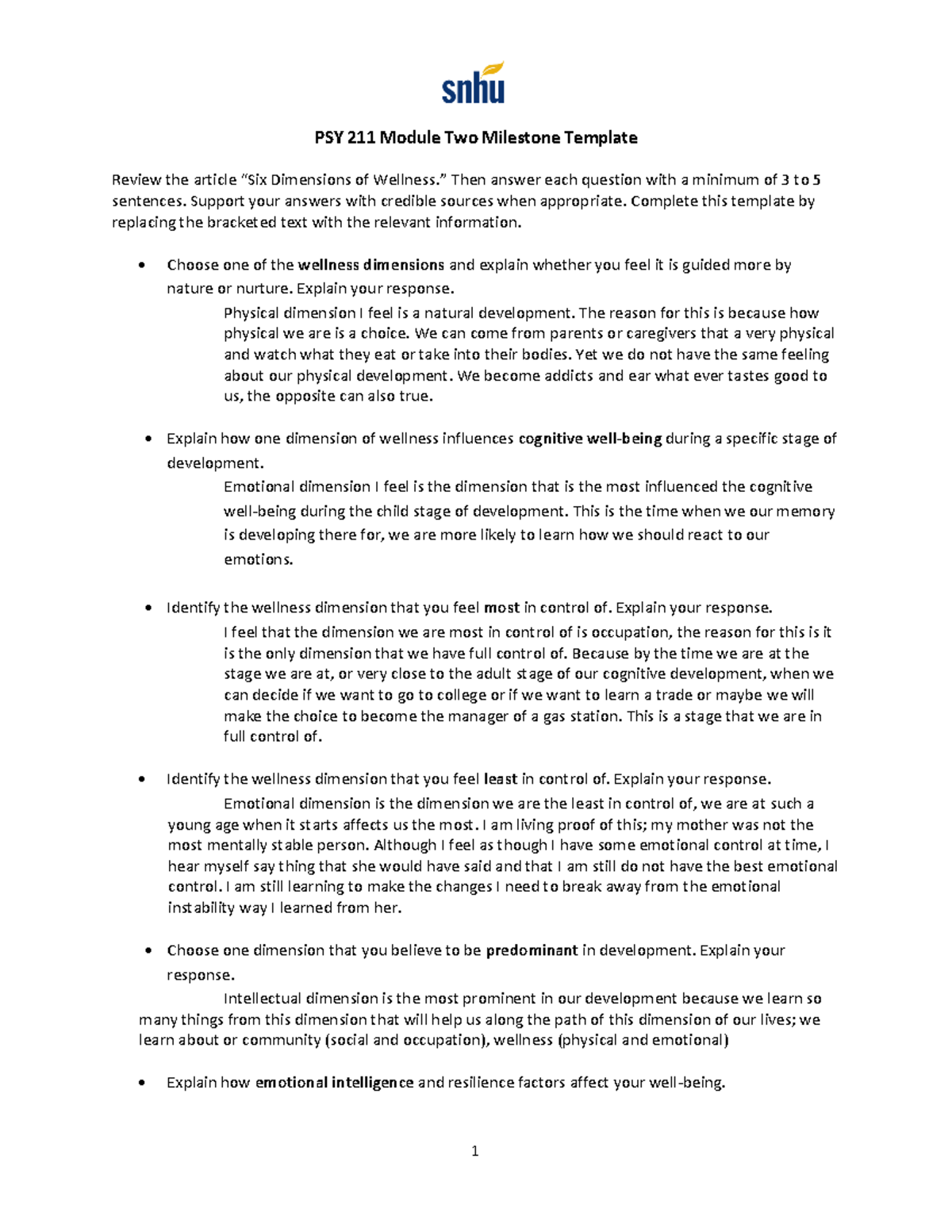 Module 2 PSY 211 Milestone - 1 PSY 211 Module Two Milestone Template ...