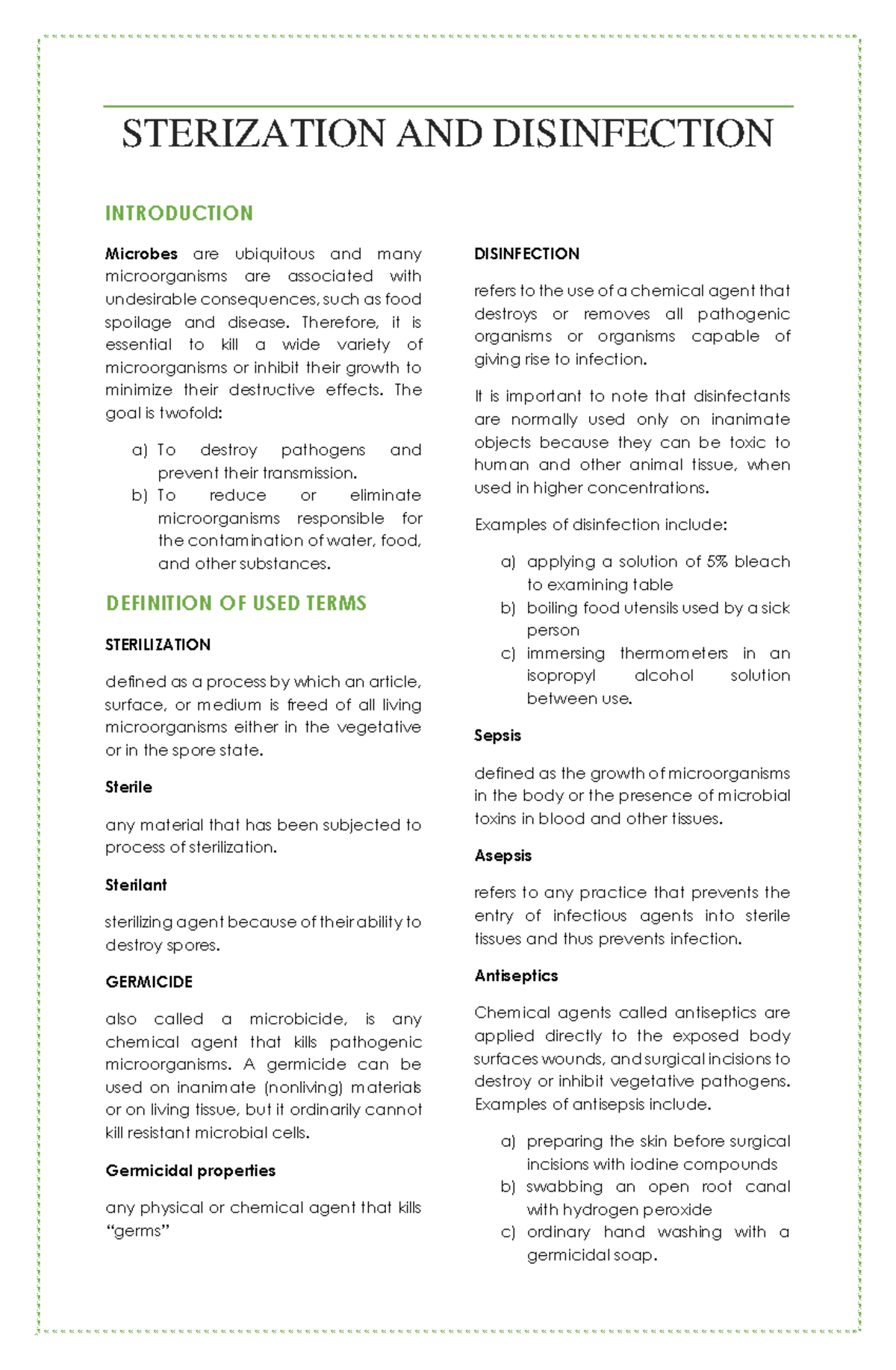 Microbiology and Parasitology Sterilization and Disinfection