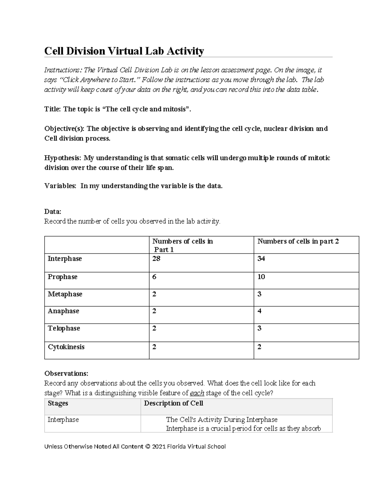Cell division answer key Cell Division Virtual Lab Activity