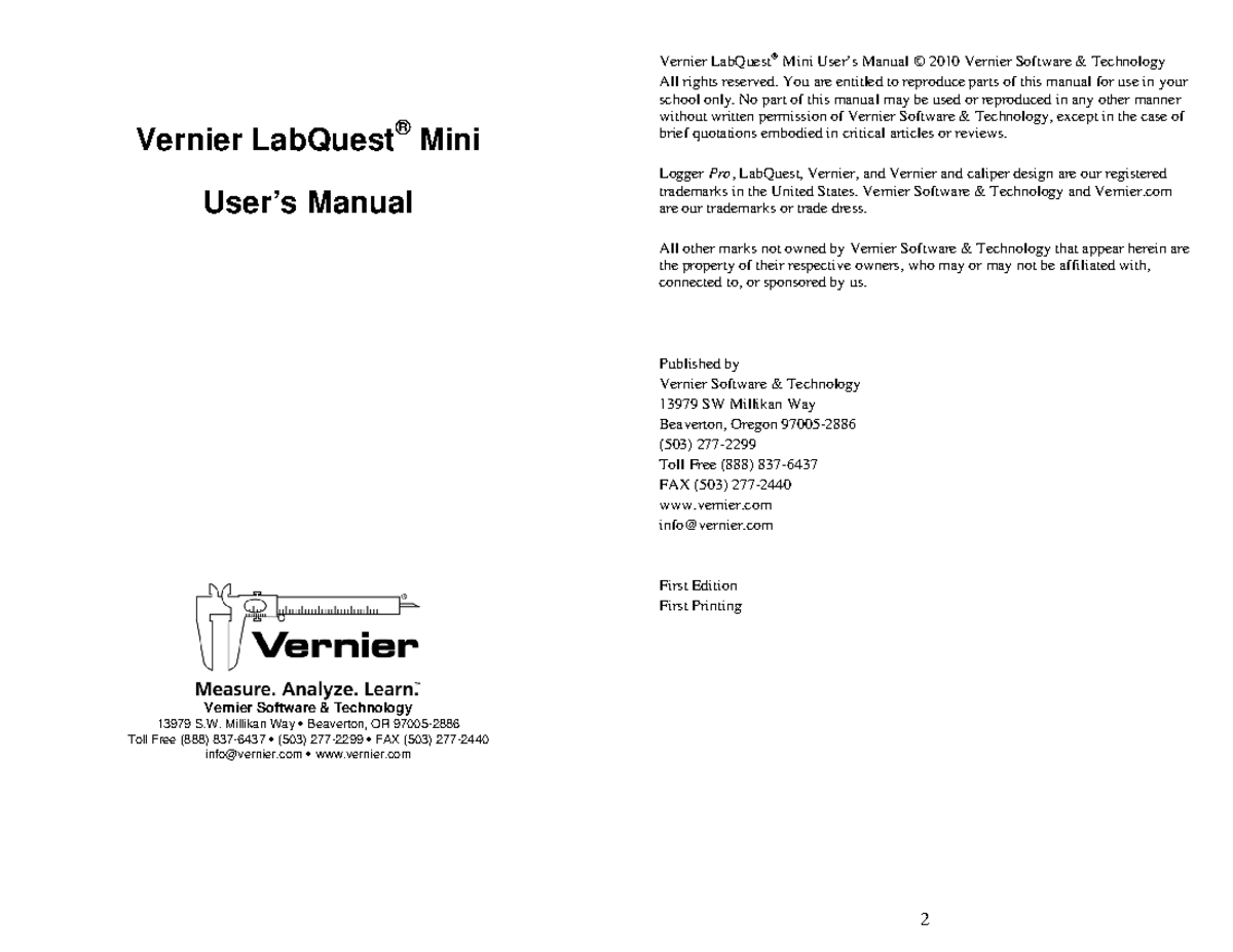 User Manual for Laq Quest Mini Vernier LabQuest ® Mini User’s Manual