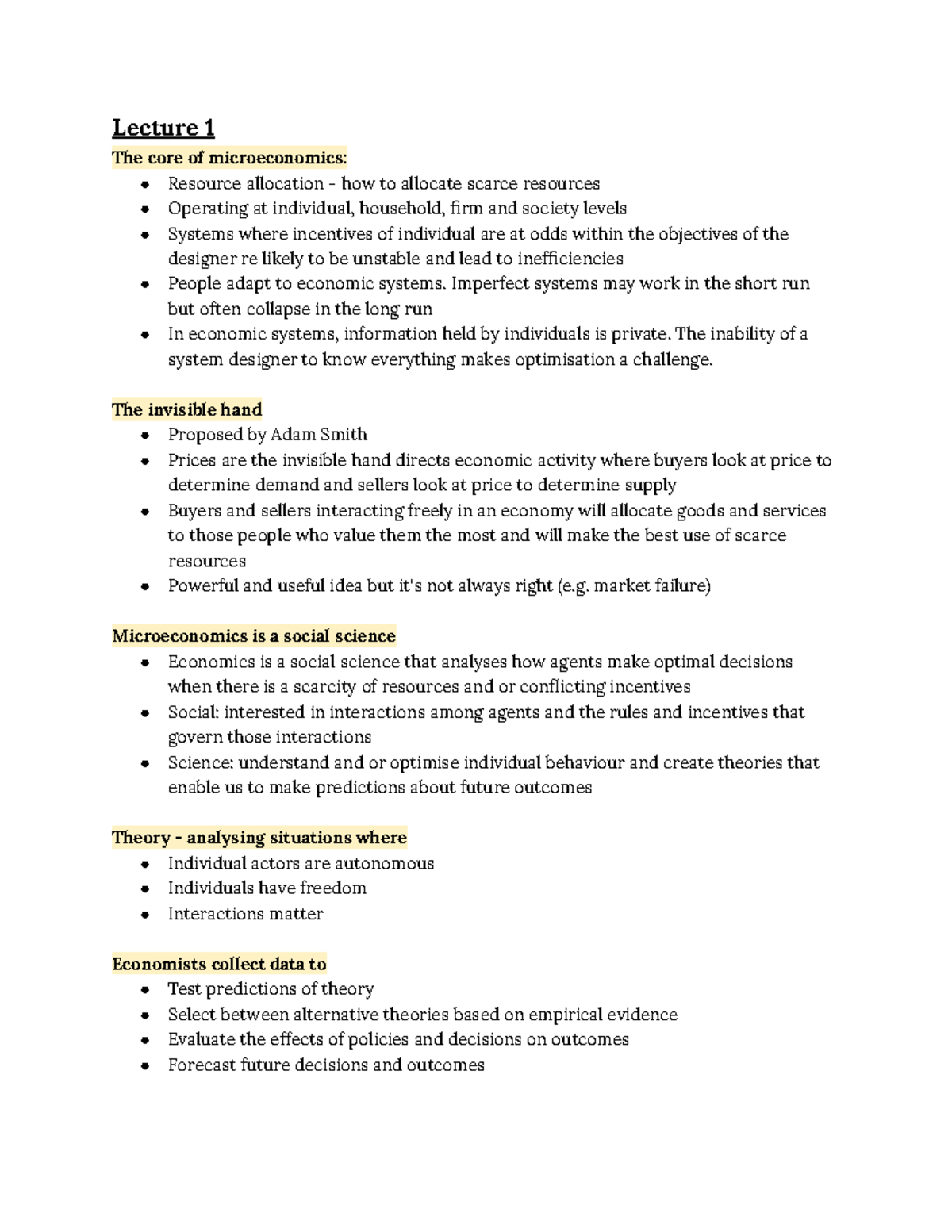 Intro Micro Weeks 1-4 revision notes - Lecture 1 The core of ...