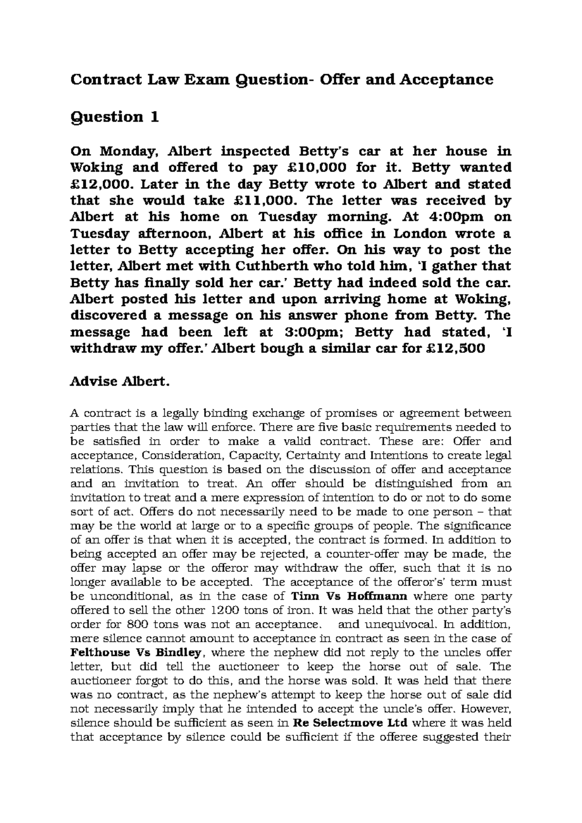 Chapter 2- LLB Contract Law Exam Question 1- Offer & Acceptance ...