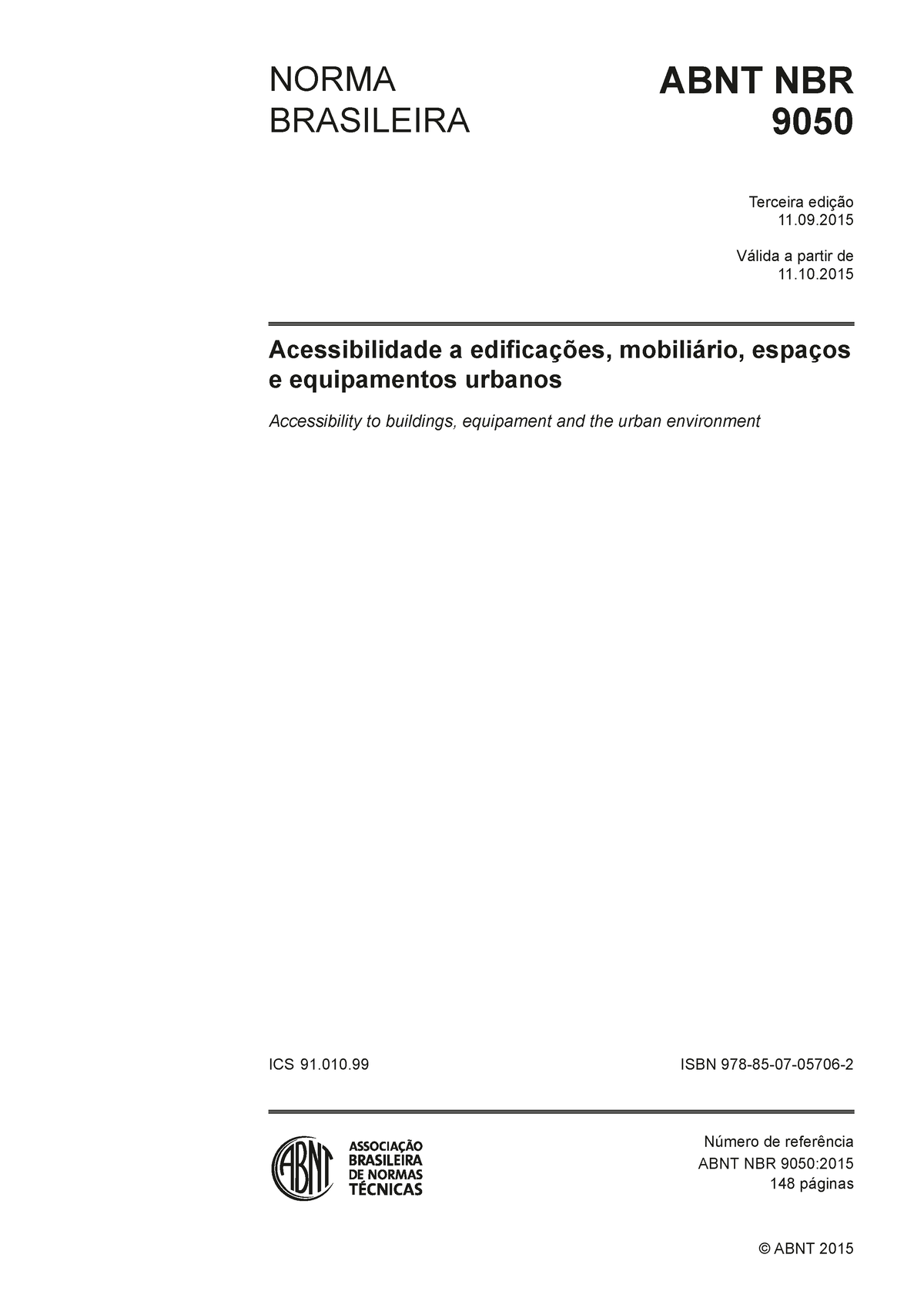 Nbr 9050 2015 Acessibilidade Válida A Partir De Edição Norma Abnt Nbr Brasileira Ics Isbn 8300