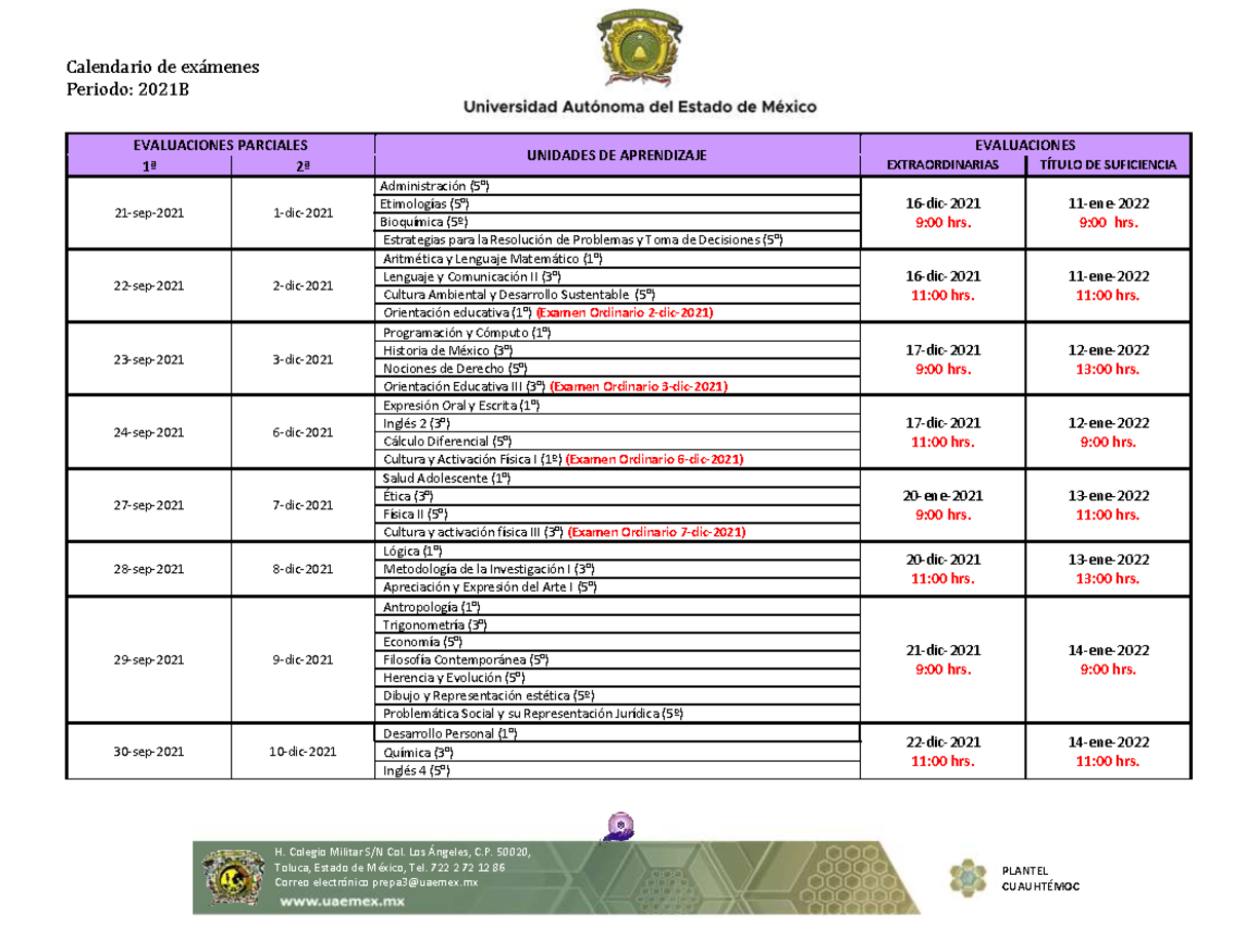 Calendario 2021B Primer semestre de la UAEMEX 2021 - Calendario de