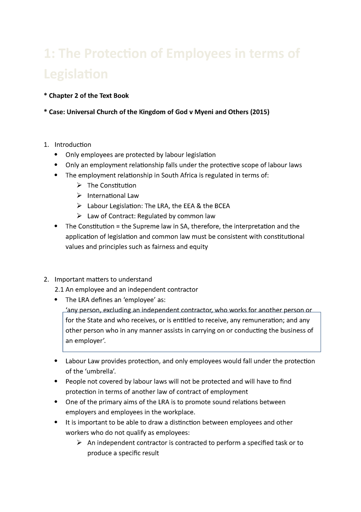 Labour Law Study Notes Chapters 1 -14 - 1: The Protection Of Employees ...