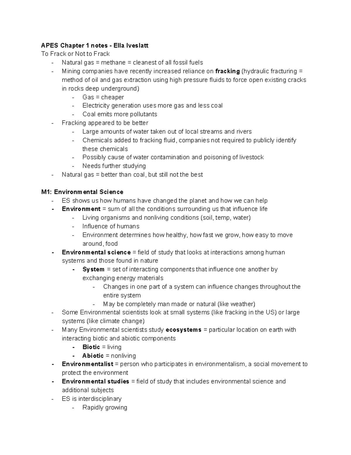 APES Chapter 1 Notes - APES Chapter 1 Notes - Ella Iveslatt To Frack Or ...