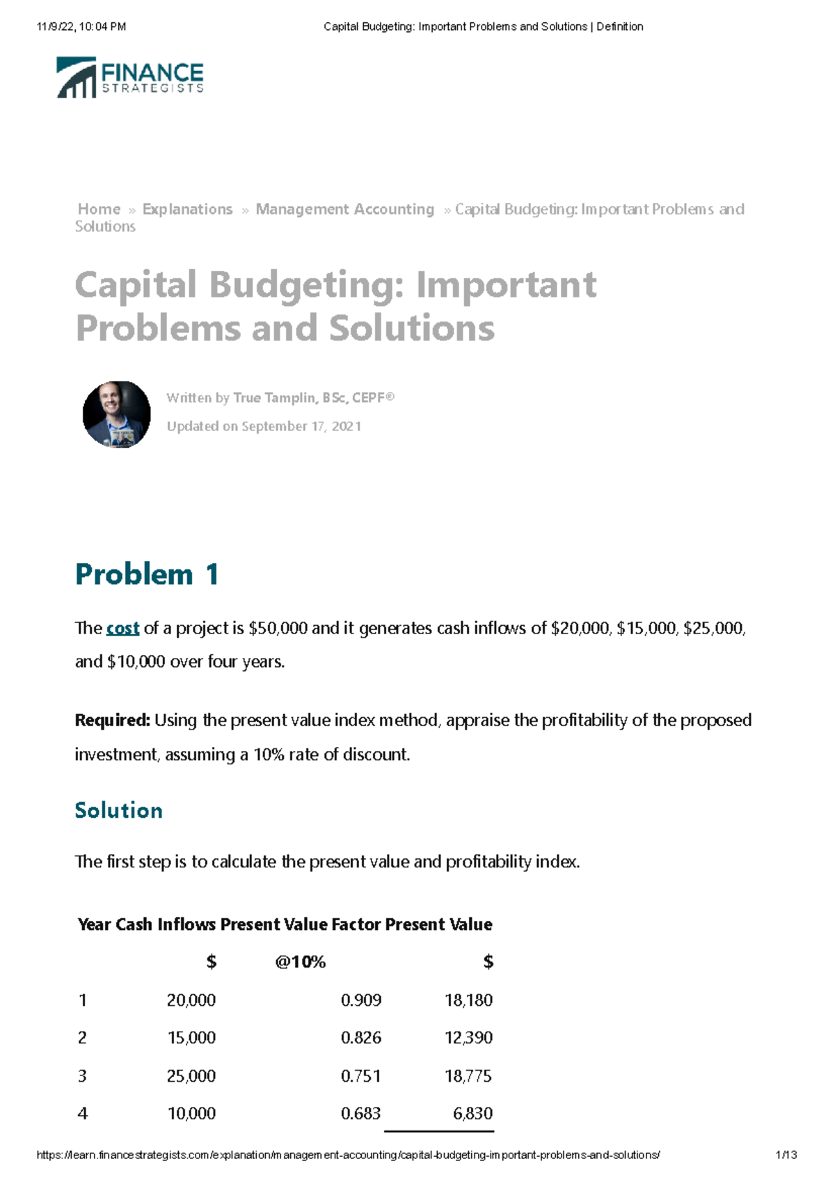 Capital Budgeting Important Problems and Solutions Definition 09 11-22 ...