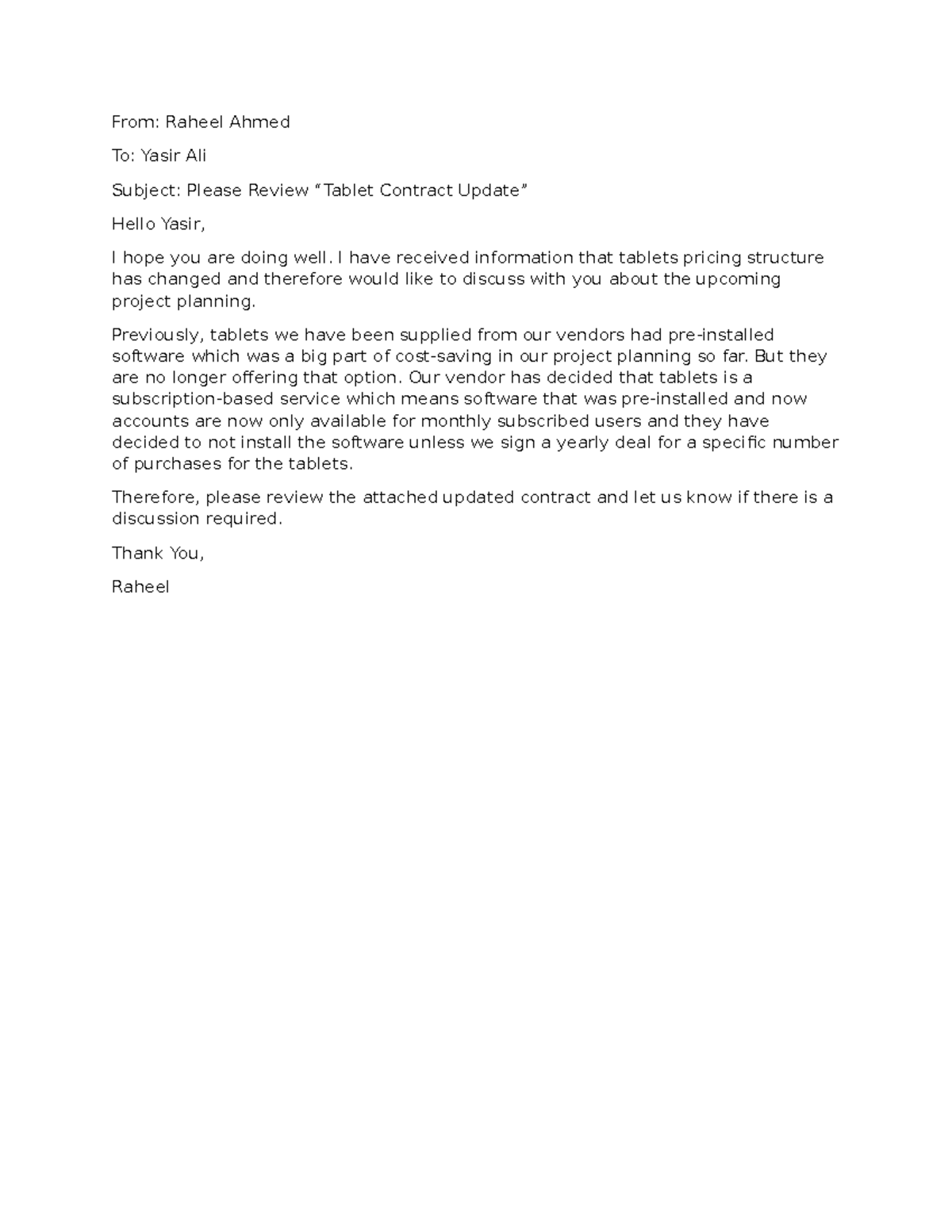 Email to snr stakeholder - From: Raheel Ahmed To: Yasir Ali Subject ...