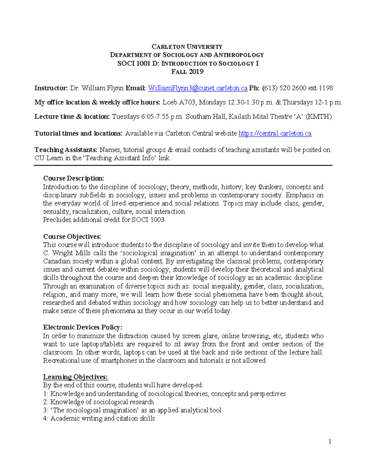 SOCI 1001D Fall 2019 Syllabus Final - CARLETON UNIVERSITY DEPARTMENT OF ...