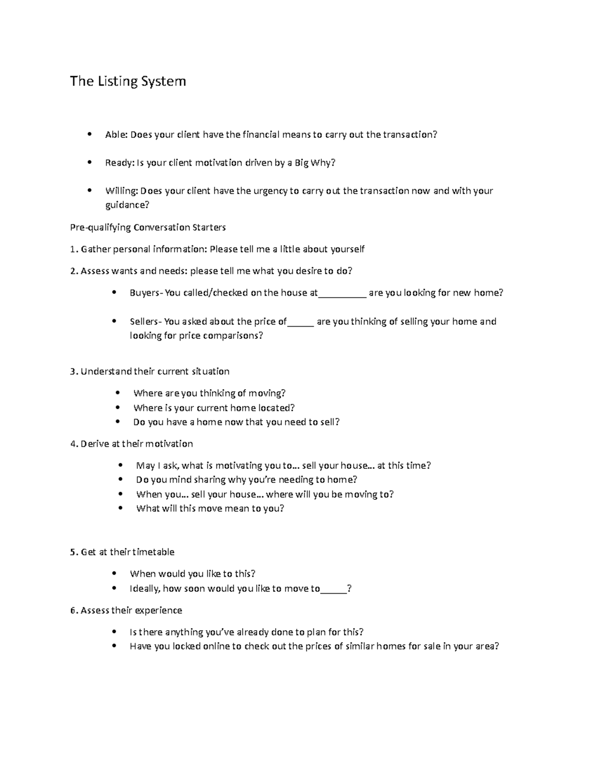 The Listing System - tarea - The Listing System Able: Does your client ...
