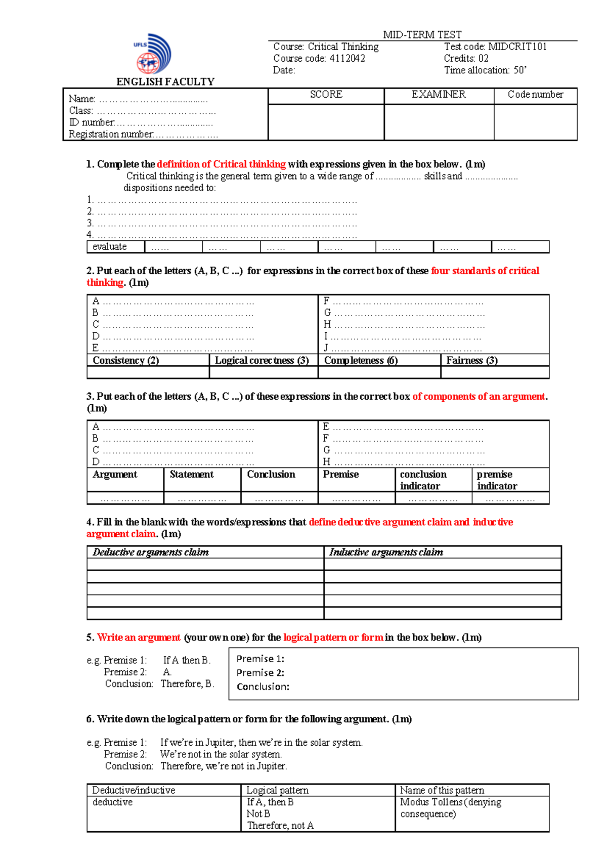 Sample mid term test - Critical thinking - ENGLISH FACULTY MID-TERM ...