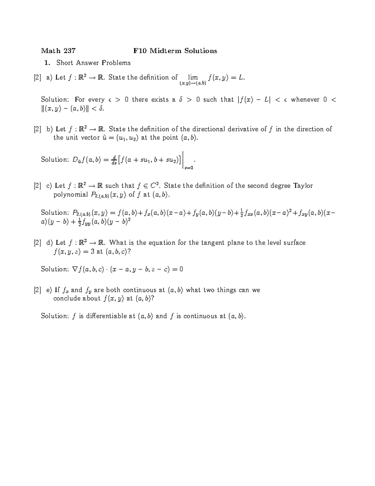 Exam 10 Answers Math 237 Uwaterloo Math 237 F10 Midterm Solutions Short Studocu