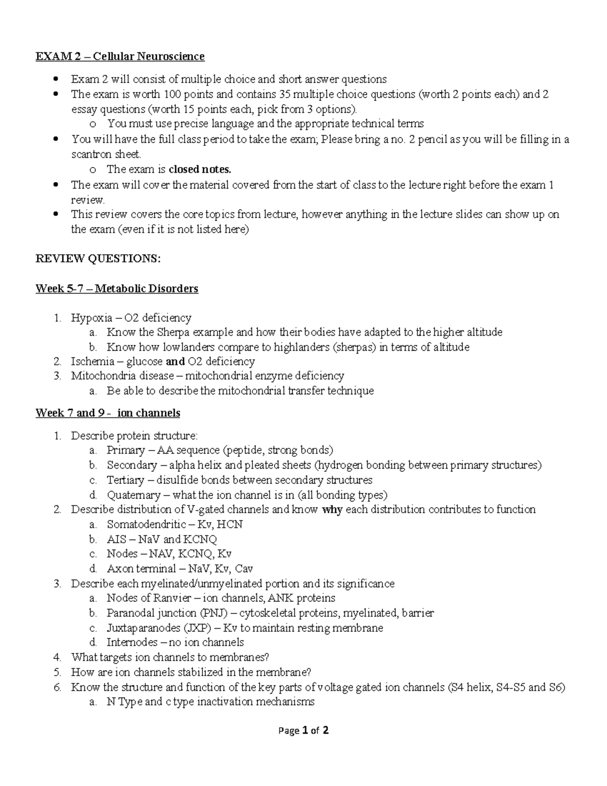 EXAM 2 review-2 - exam 2 practice - EXAM 2 – Cellular Neuroscience Exam ...