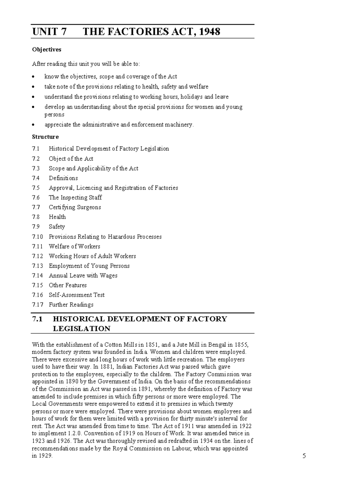 Unit7 Legal The Factories Act, 1948 UNIT 7 THE FACTORIES ACT, 1948