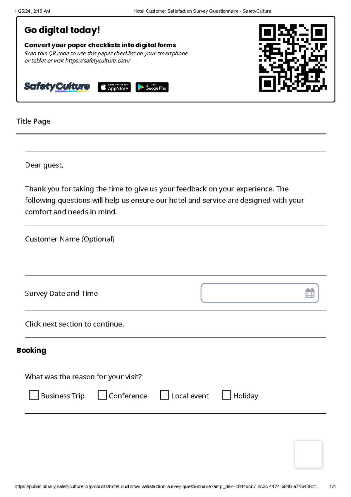 Hotel Customer Satisfaction Survey Questionnaire - Safety Culture ...