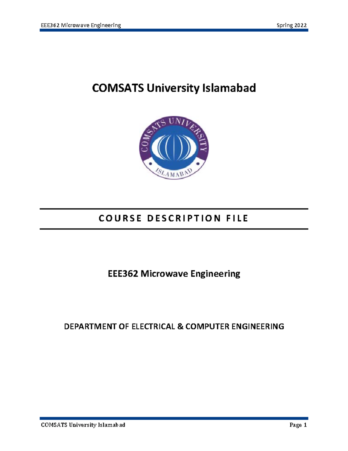 EEE362 Microwave Engineering COMSATS University Islamabad COURSE